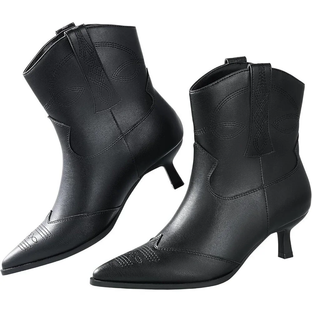 Women's Black Cowgirl Ankle Booties Pointed Toe Dress Western Short Shoes